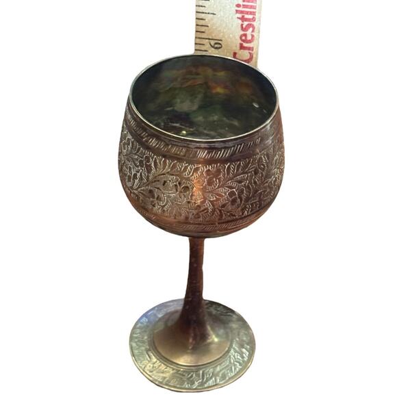 Vintage Engraved Goblet Chalice Floral Etched Metal Cup Decorative Brass (?) - Picture 7 of 7